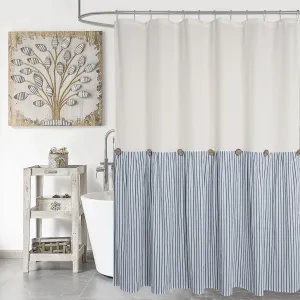 Farmhouse Shower Curtain,Beige and Blue Striped,Button Curtain,Spa Waffle and Cotton Woven Fabric,Rustic Charm Country Chic Style,72x72 in