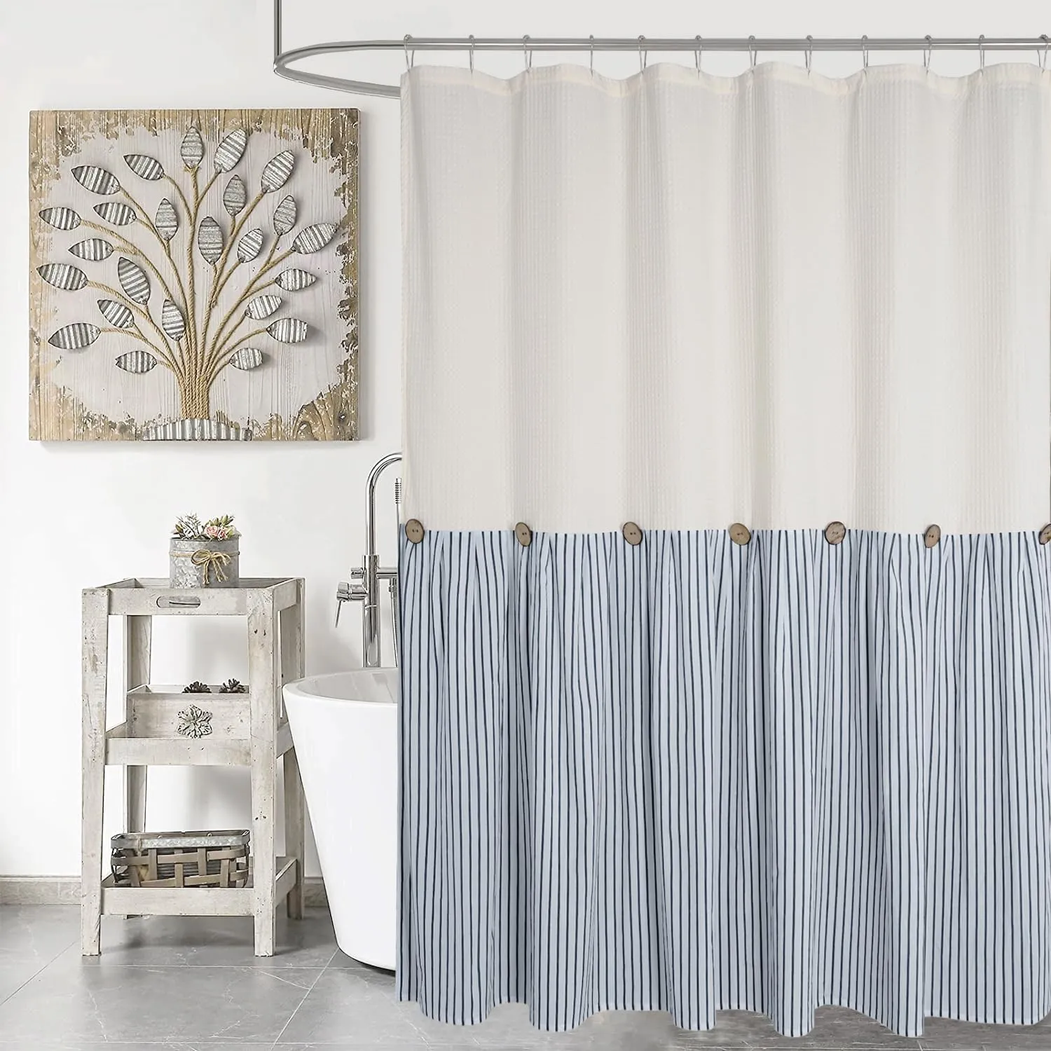 Farmhouse Shower Curtain,Beige and Blue Striped,Button Curtain,Spa Waffle and Cotton Woven Fabric,Rustic Charm Country Chic Style,72x72 in