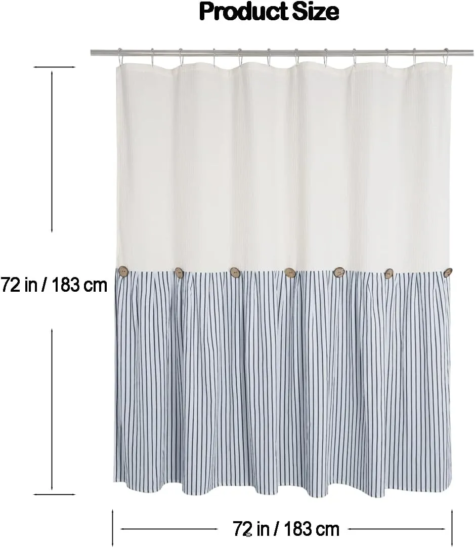 Farmhouse Shower Curtain,Beige and Blue Striped,Button Curtain,Spa Waffle and Cotton Woven Fabric,Rustic Charm Country Chic Style,72x72 in
