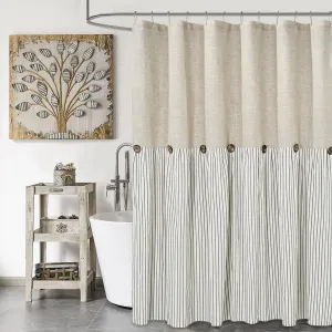 Farmhouse Shower Curtain,Beige and Gray Stripe,Button Curtain,Linen and Cotton Woven Fabric,Rustic Charm Country Chic Style,72x72 in