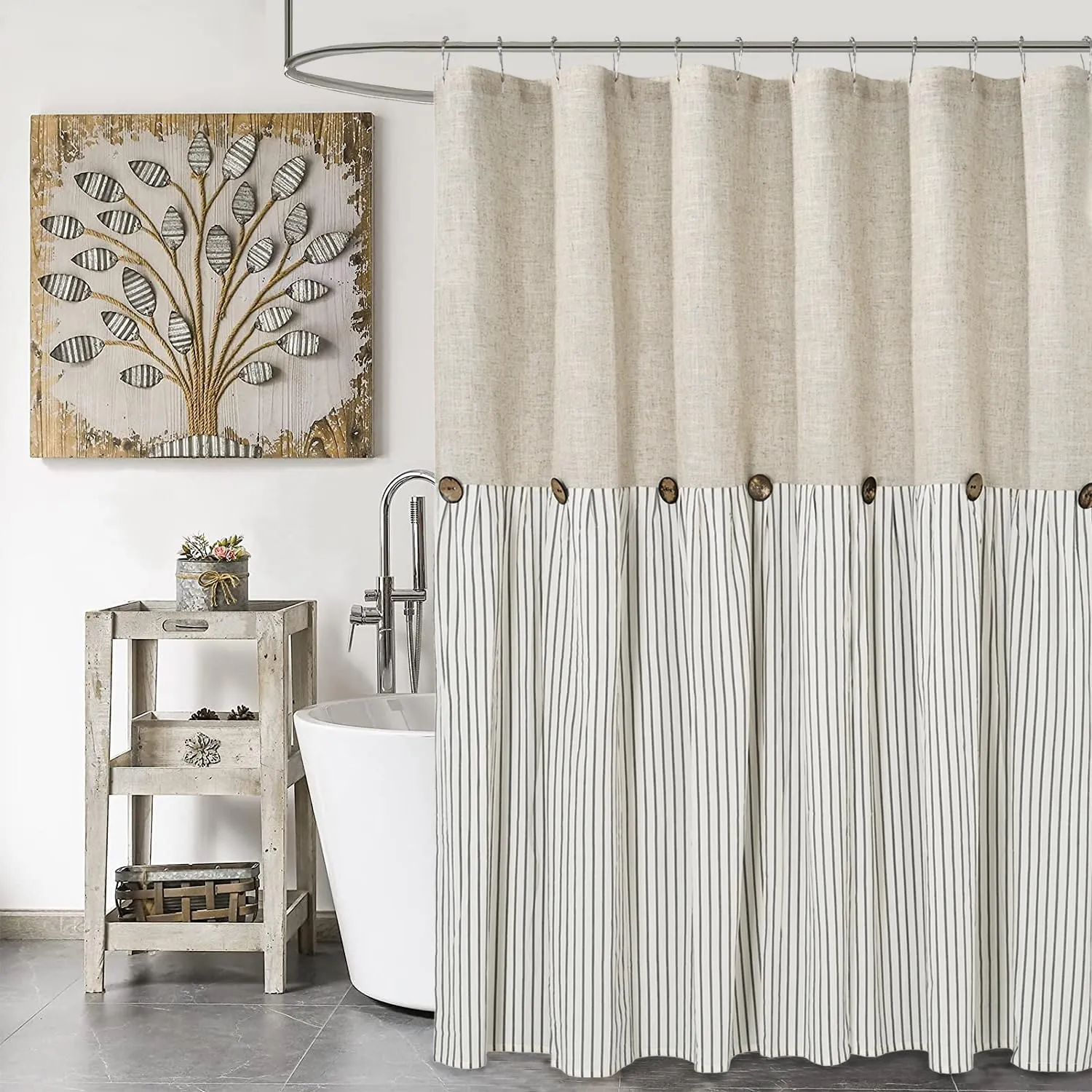 Farmhouse Shower Curtain,Beige and Gray Stripe,Button Curtain,Linen and Cotton Woven Fabric,Rustic Charm Country Chic Style,72x72 in