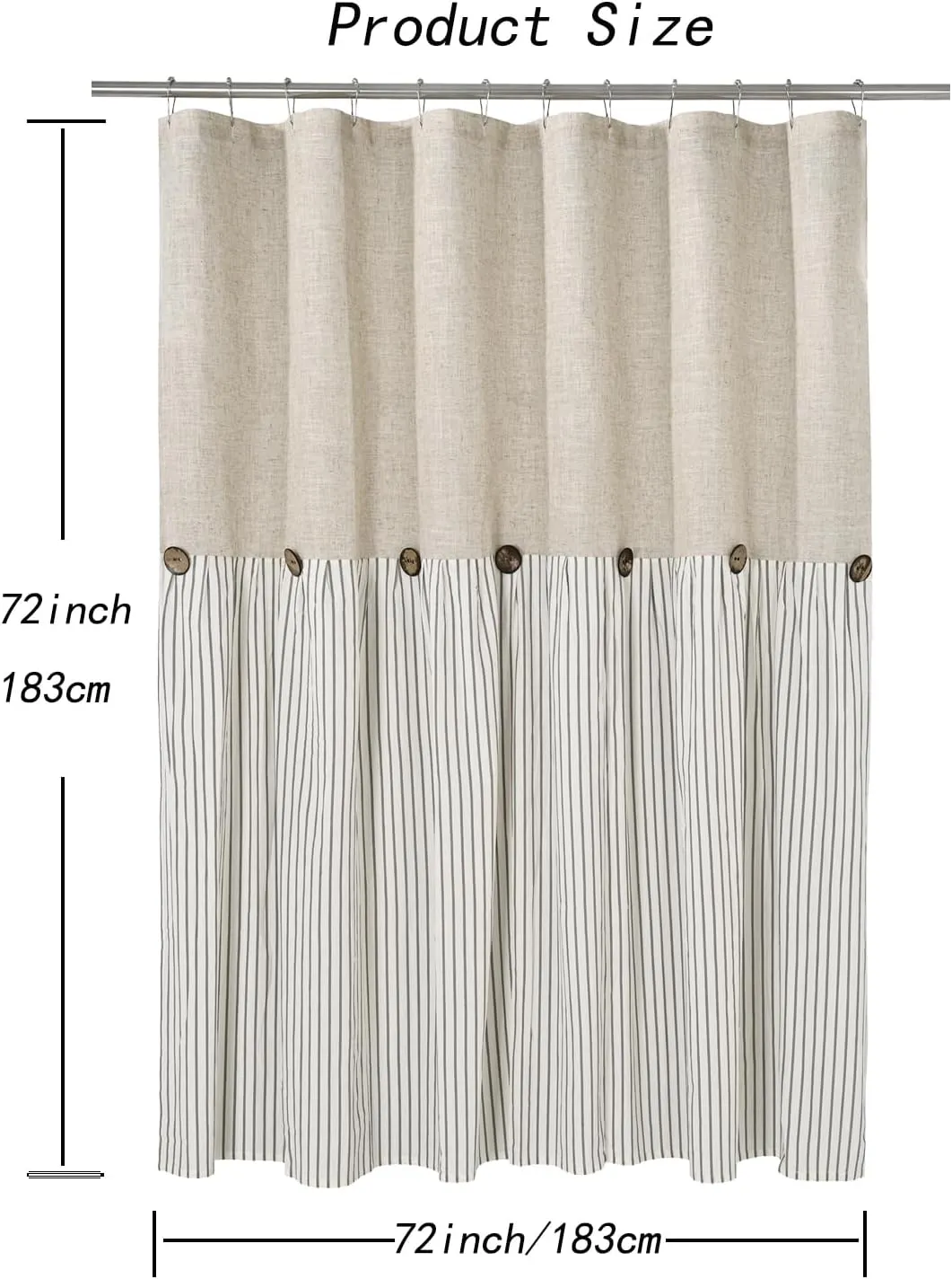 Farmhouse Shower Curtain,Beige and Gray Stripe,Button Curtain,Linen and Cotton Woven Fabric,Rustic Charm Country Chic Style,72x72 in