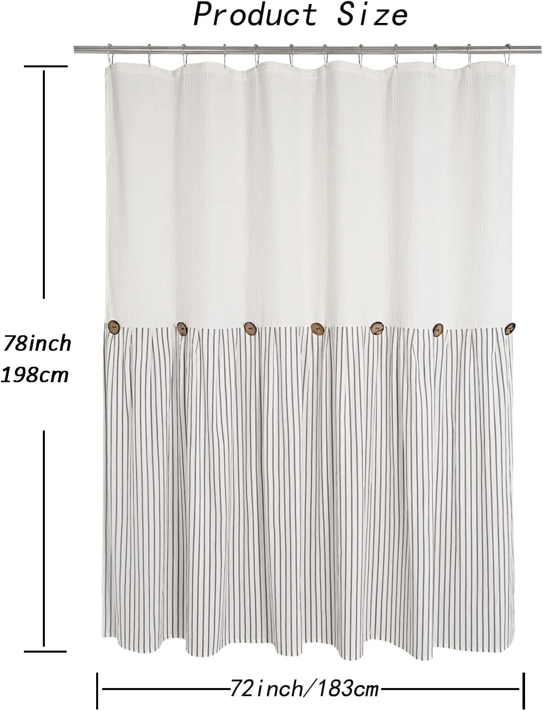 Farmhouse Shower Curtain,Beige and Gray Striped,Button Curtain,Spa Waffle and Cotton Woven Fabric,Rustic Charm Country Chic Style,72x78 in