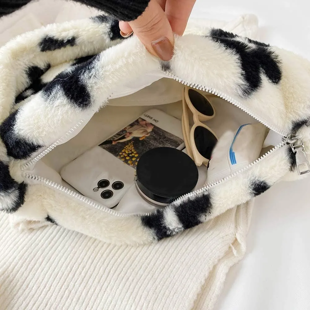Fashion Animal Pattern Shoulder Underarm Bag Women Plush Top-handle Handbag