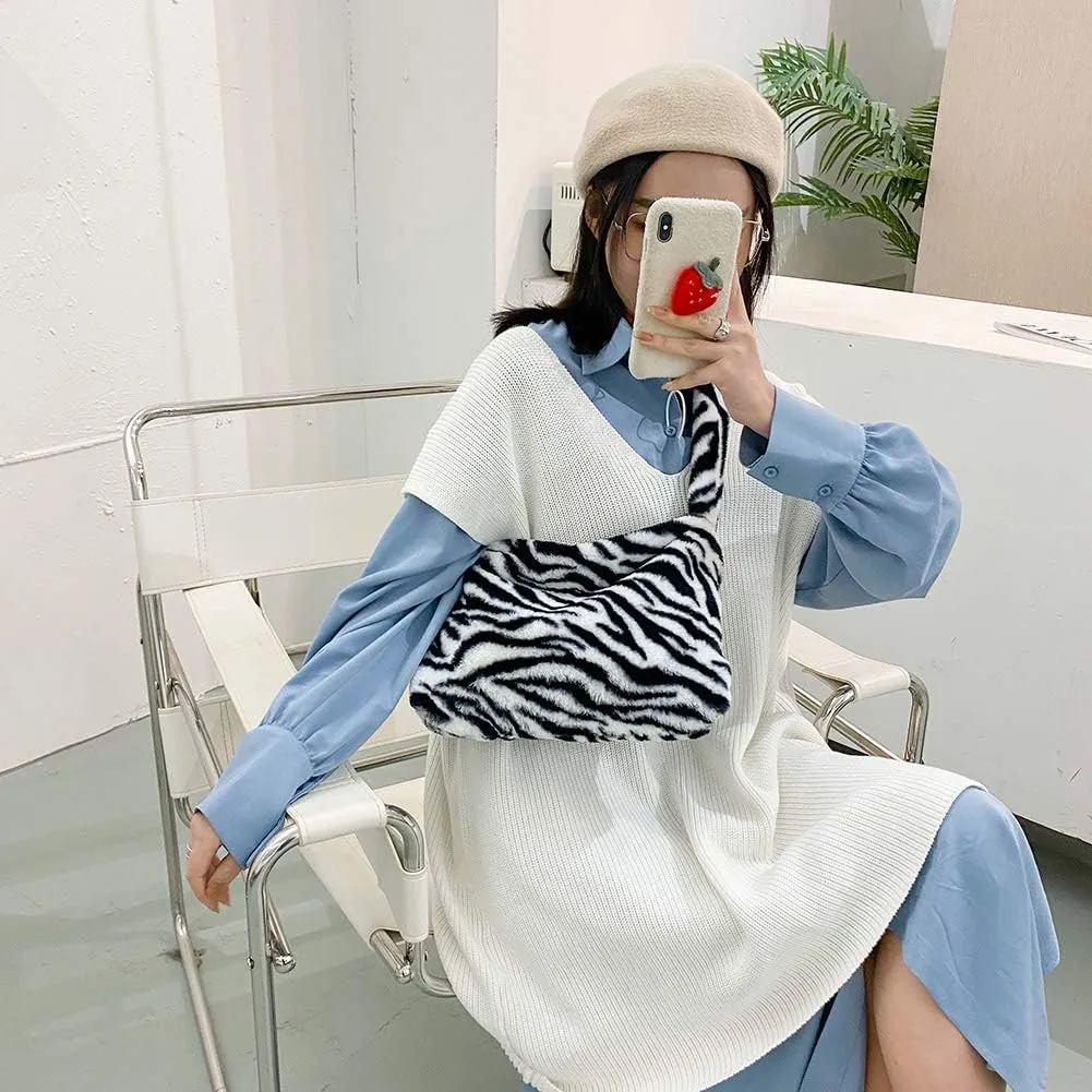 Fashion Animal Pattern Shoulder Underarm Bag Women Plush Top-handle Handbag