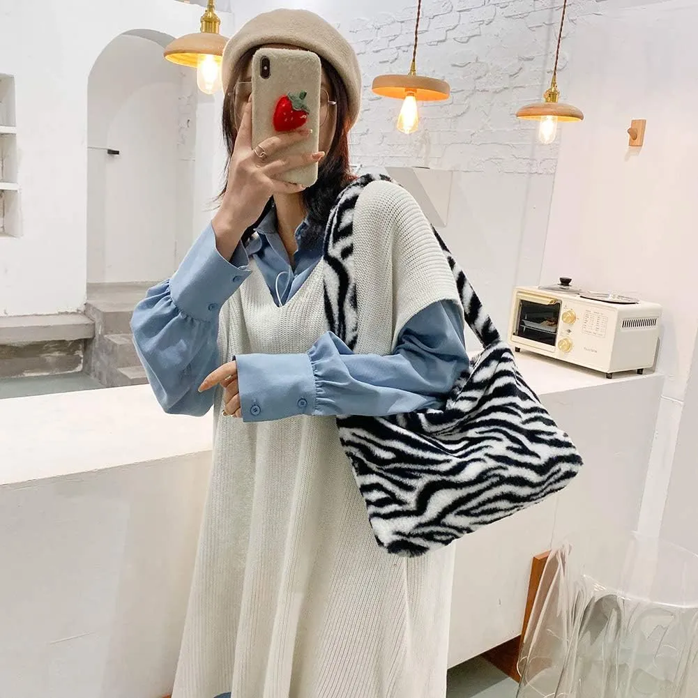 Fashion Animal Pattern Shoulder Underarm Bag Women Plush Top-handle Handbag