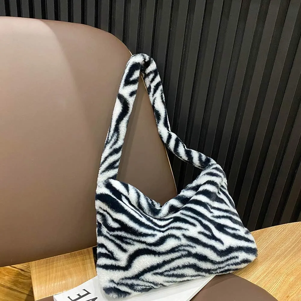 Fashion Animal Pattern Shoulder Underarm Bag Women Plush Top-handle Handbag