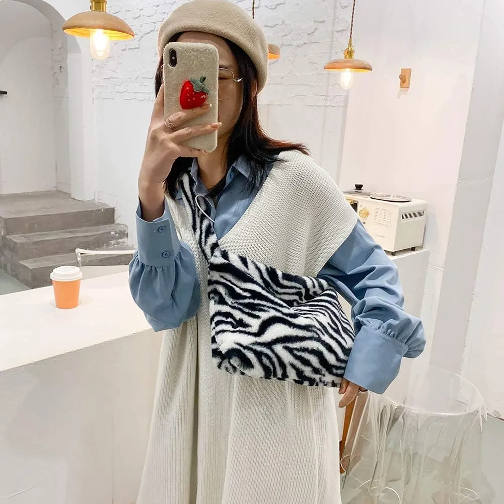 Fashion Animal Pattern Shoulder Underarm Bag Women Plush Top-handle Handbag