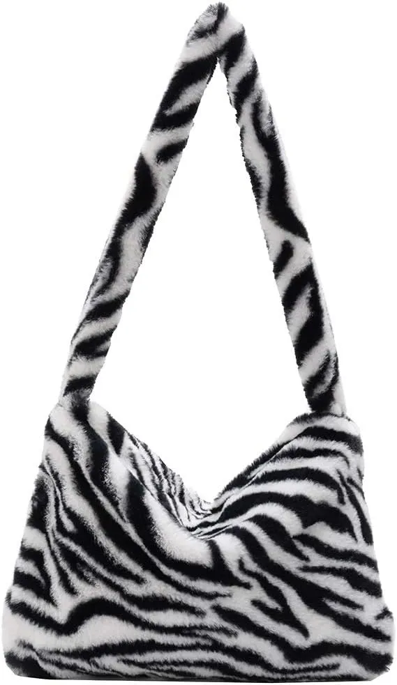 Fashion Animal Pattern Shoulder Underarm Bag Women Plush Top-handle Handbag