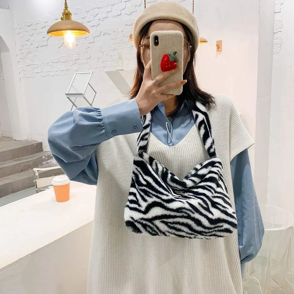Fashion Animal Pattern Shoulder Underarm Bag Women Plush Top-handle Handbag