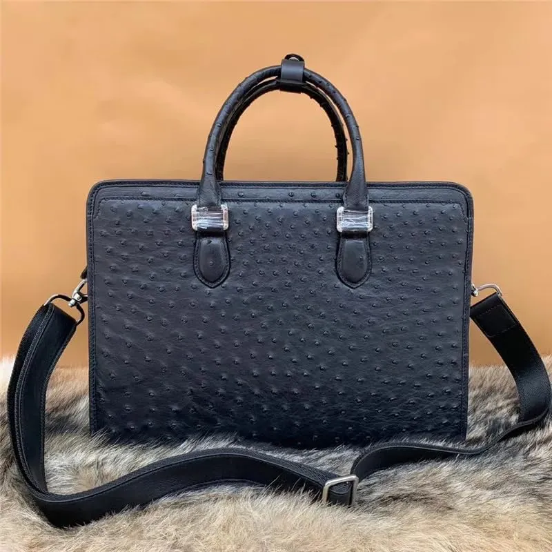 Fashion Designer Authentic Real Ostrich Skin Businessmen Briefcase Genuine Leather ZIP Closure Male Large Laptop Handbag