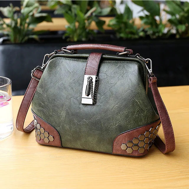 Fashion Women Handbags New Women Lock Chain Rivets Vintage Pu Leather Crossbody Shoulder Bag Ladies Doctor Bags Female Totes