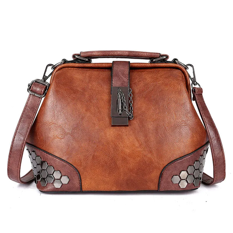 Fashion Women Handbags New Women Lock Chain Rivets Vintage Pu Leather Crossbody Shoulder Bag Ladies Doctor Bags Female Totes