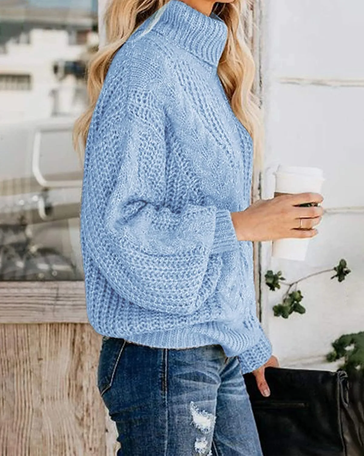 Fashionme Chic Ballon Sleeve Winter Turtleneck Chunky Sweater Slouchy Oversized Loose Pullover Outerwear Warm Thick