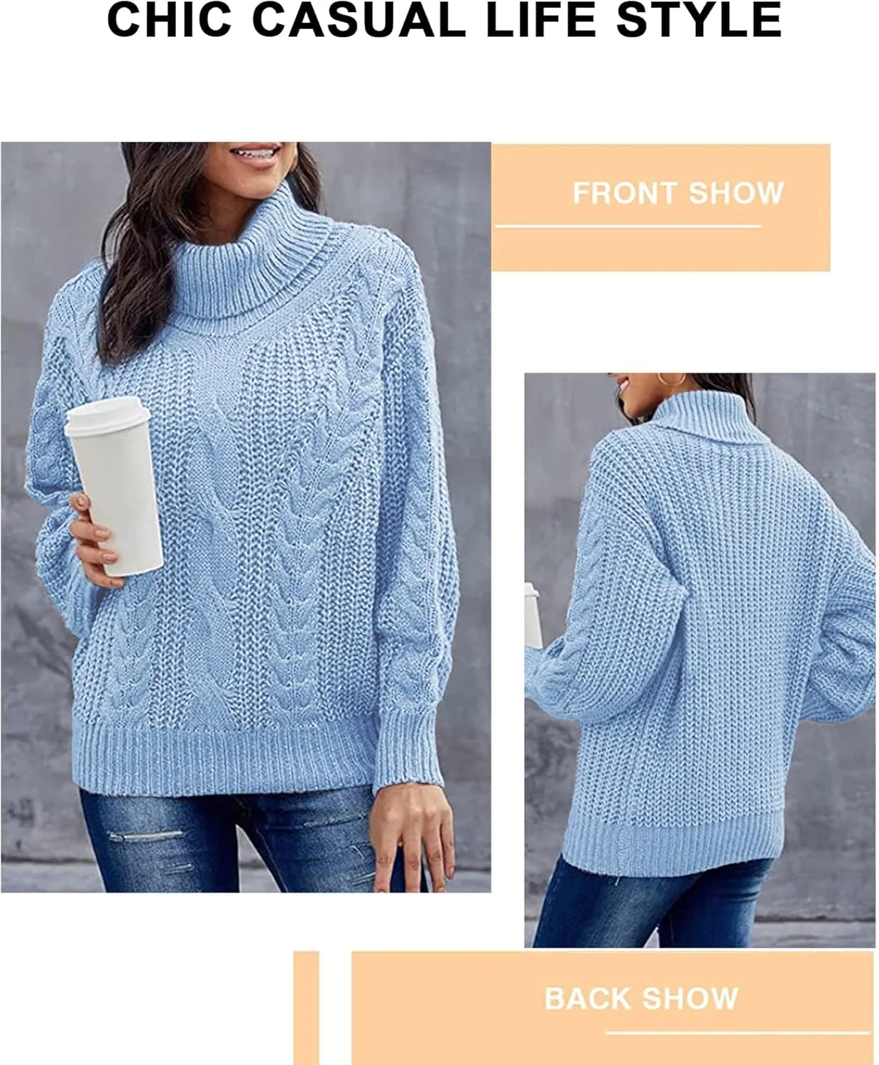 Fashionme Chic Ballon Sleeve Winter Turtleneck Chunky Sweater Slouchy Oversized Loose Pullover Outerwear Warm Thick
