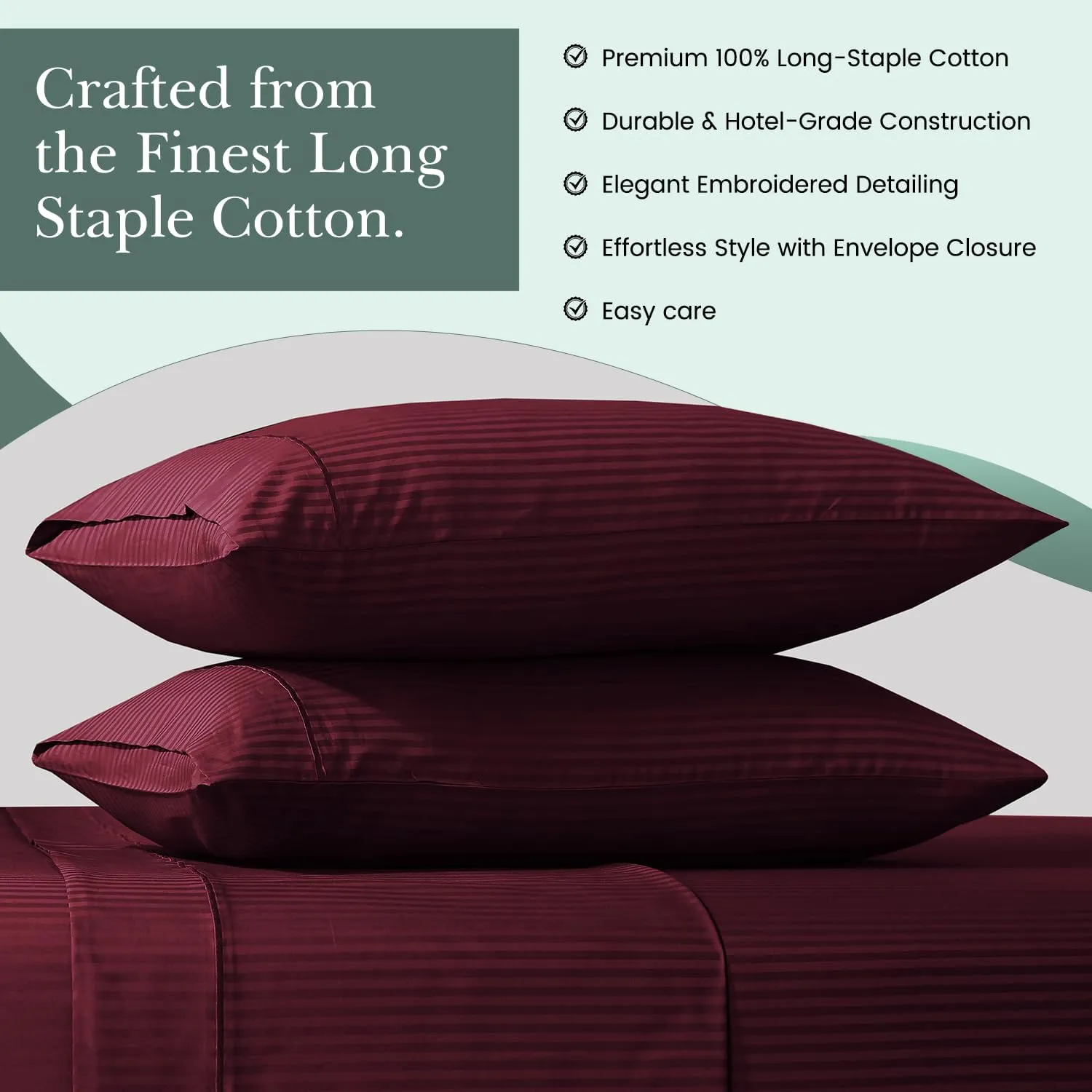 Feather & Stitch 100% Cotton Standard Pillow Covers Set of 2, 500TC Envelope Closure Pillowcases, Soft Luxury Damask Stripe Sateen Weave Pillow Case for Sleeping, 20x30 Inches - Burgundy
