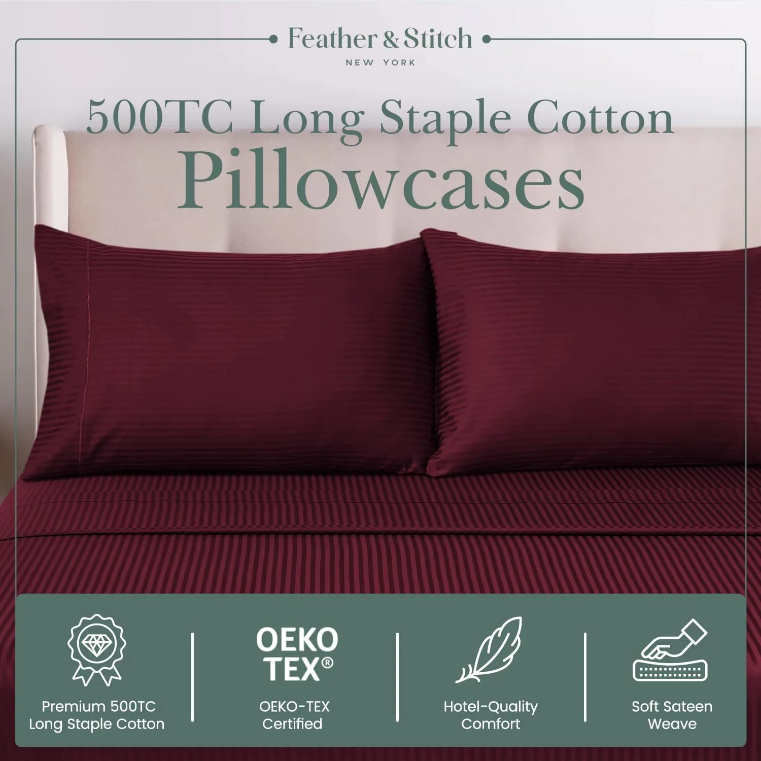 Feather & Stitch 100% Cotton Standard Pillow Covers Set of 2, 500TC Envelope Closure Pillowcases, Soft Luxury Damask Stripe Sateen Weave Pillow Case for Sleeping, 20x30 Inches - Burgundy