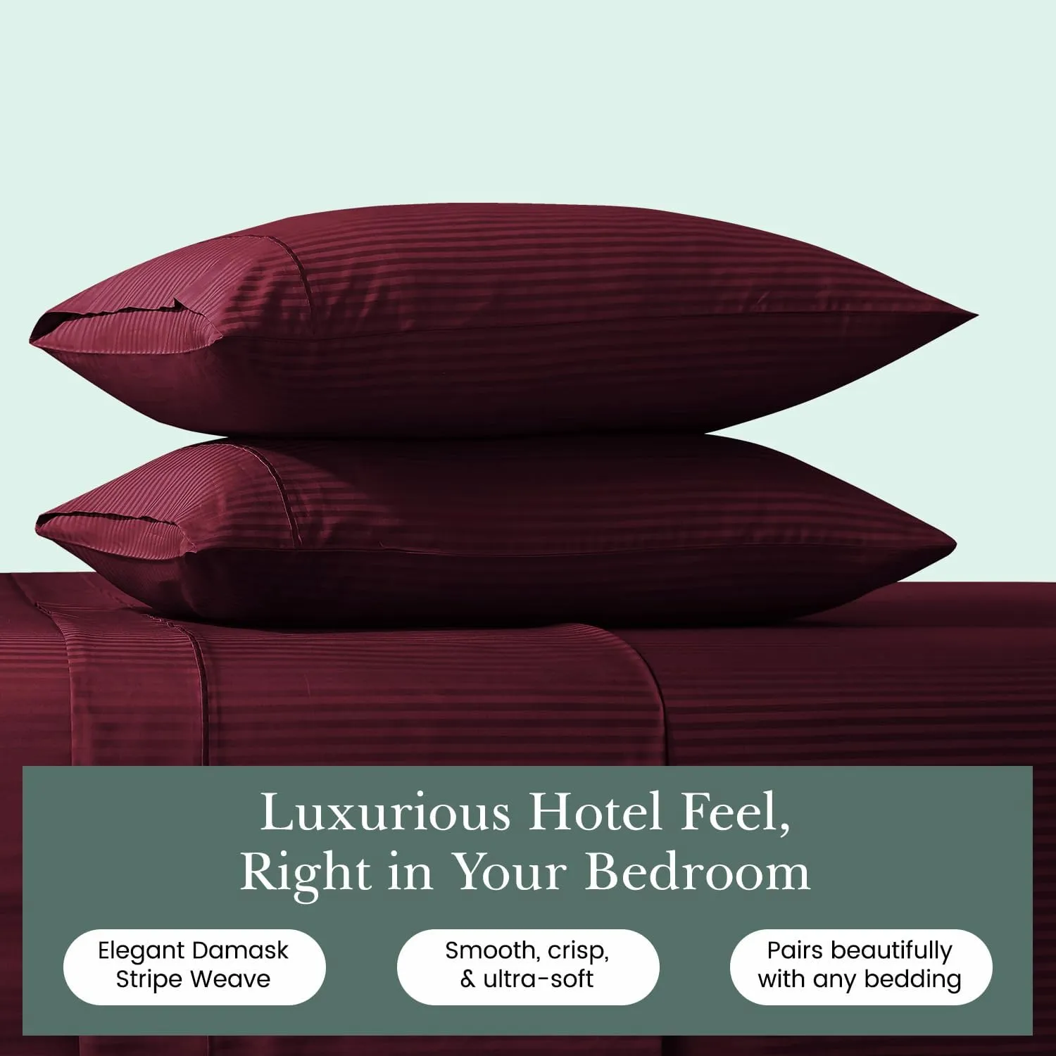 Feather & Stitch 100% Cotton Standard Pillow Covers Set of 2, 500TC Envelope Closure Pillowcases, Soft Luxury Damask Stripe Sateen Weave Pillow Case for Sleeping, 20x30 Inches - Burgundy