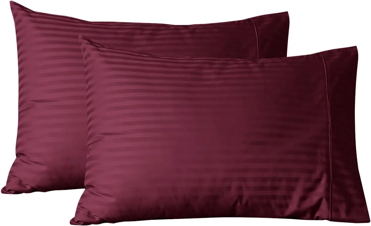 Feather & Stitch 100% Cotton Standard Pillow Covers Set of 2, 500TC Envelope Closure Pillowcases, Soft Luxury Damask Stripe Sateen Weave Pillow Case for Sleeping, 20x30 Inches - Burgundy