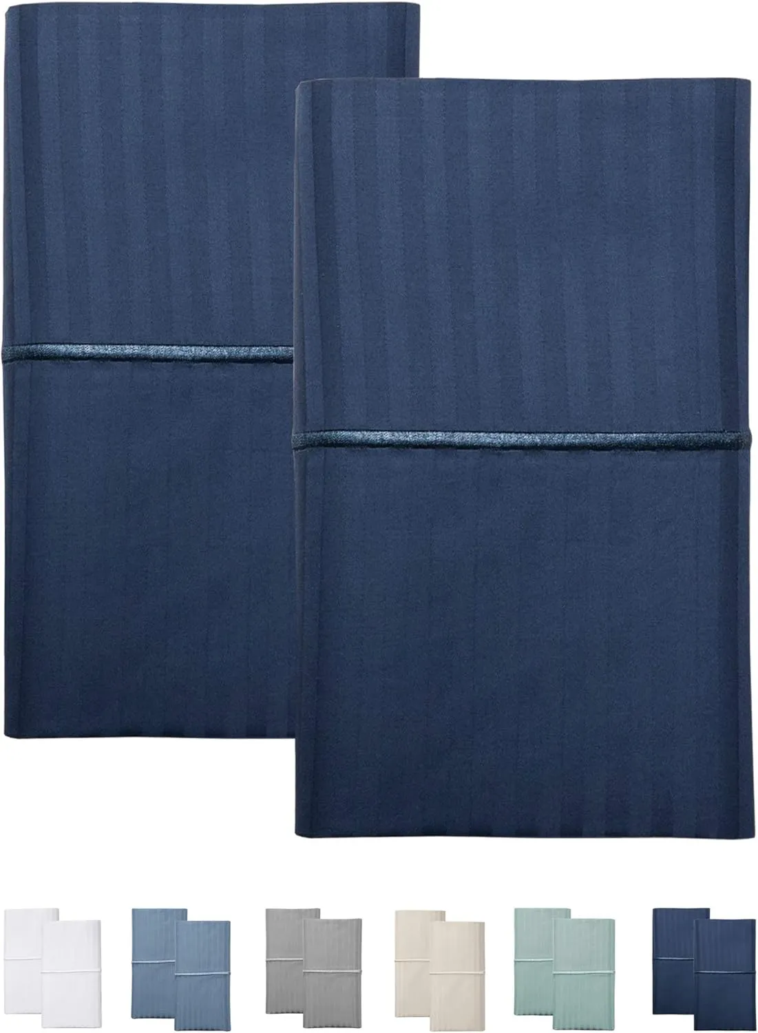 Feather & Stitch 100% Cotton Standard Pillow Covers Set of 2, 500TC Envelope Closure Pillowcases, Soft Luxury Damask Stripe Sateen Weave Pillow Case for Sleeping, 20x30 Inches - Dark Blue