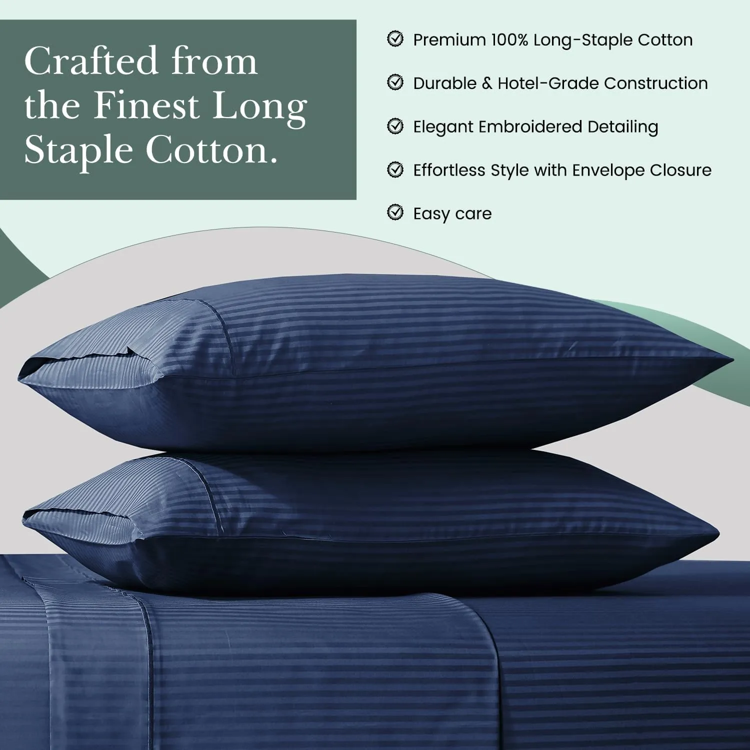 Feather & Stitch 100% Cotton Standard Pillow Covers Set of 2, 500TC Envelope Closure Pillowcases, Soft Luxury Damask Stripe Sateen Weave Pillow Case for Sleeping, 20x30 Inches - Dark Blue