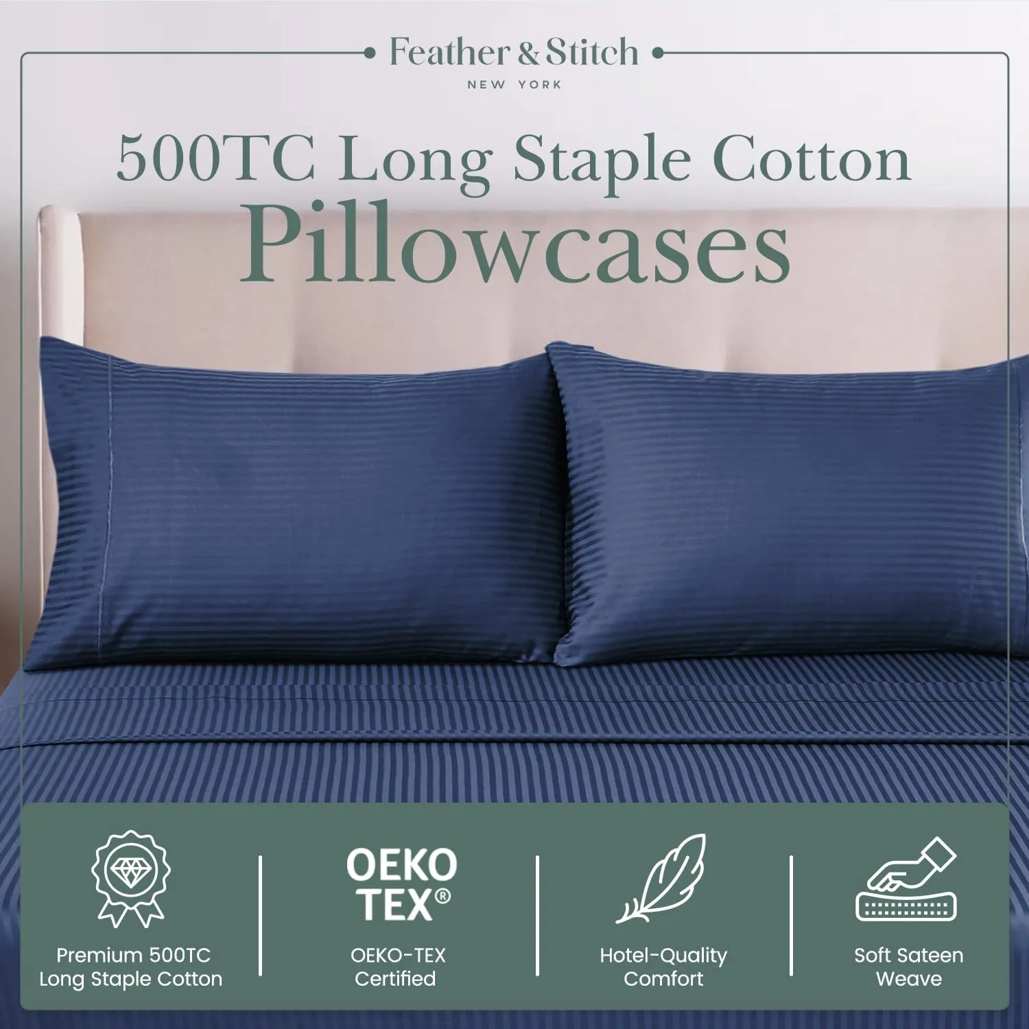 Feather & Stitch 100% Cotton Standard Pillow Covers Set of 2, 500TC Envelope Closure Pillowcases, Soft Luxury Damask Stripe Sateen Weave Pillow Case for Sleeping, 20x30 Inches - Dark Blue