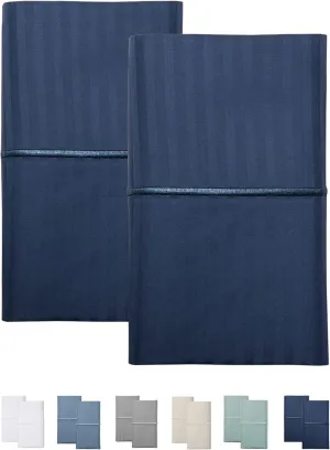 Feather & Stitch 100% Cotton Standard Pillow Covers Set of 2, 500TC Envelope Closure Pillowcases, Soft Luxury Damask Stripe Sateen Weave Pillow Case for Sleeping, 20x30 Inches - Dark Blue