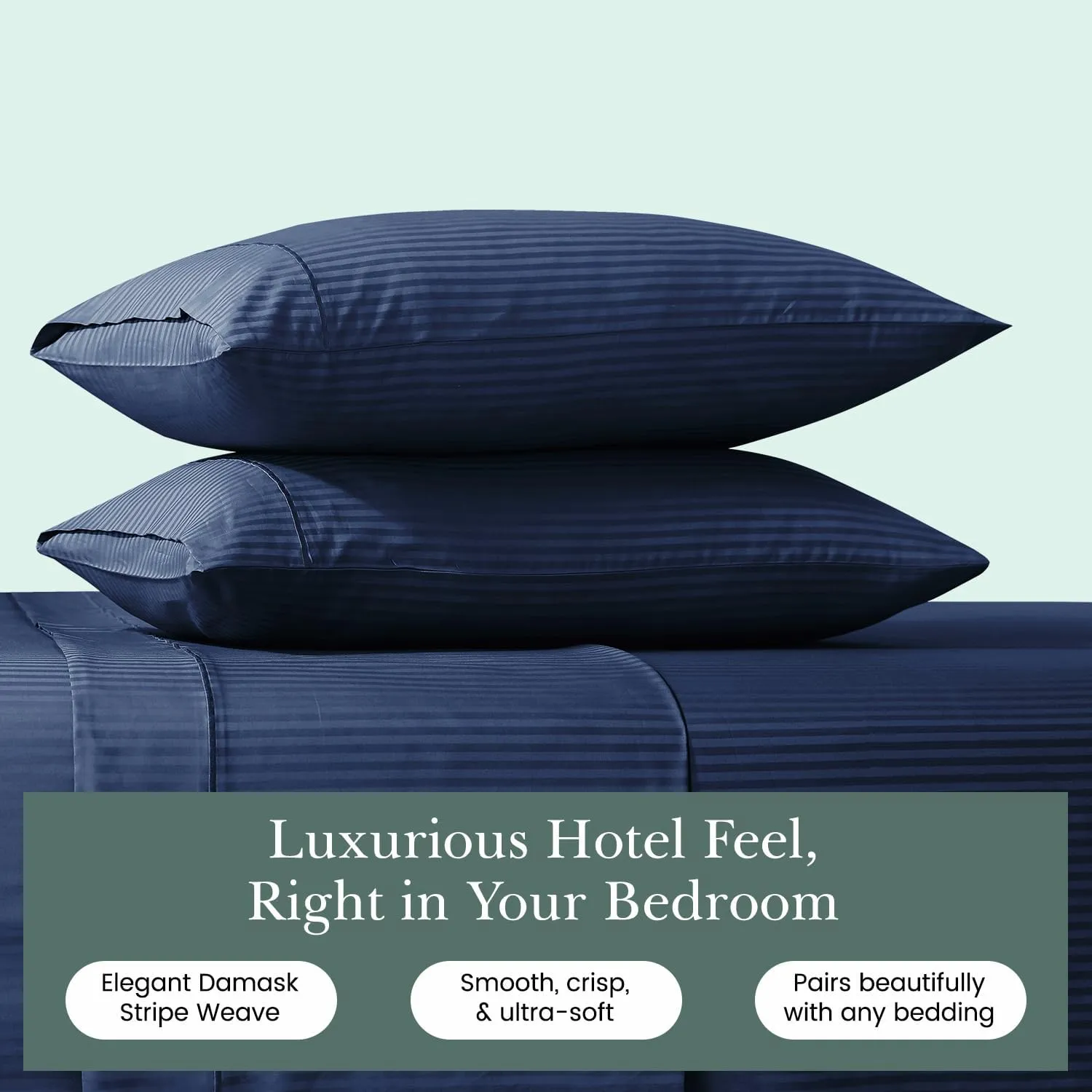Feather & Stitch 100% Cotton Standard Pillow Covers Set of 2, 500TC Envelope Closure Pillowcases, Soft Luxury Damask Stripe Sateen Weave Pillow Case for Sleeping, 20x30 Inches - Dark Blue