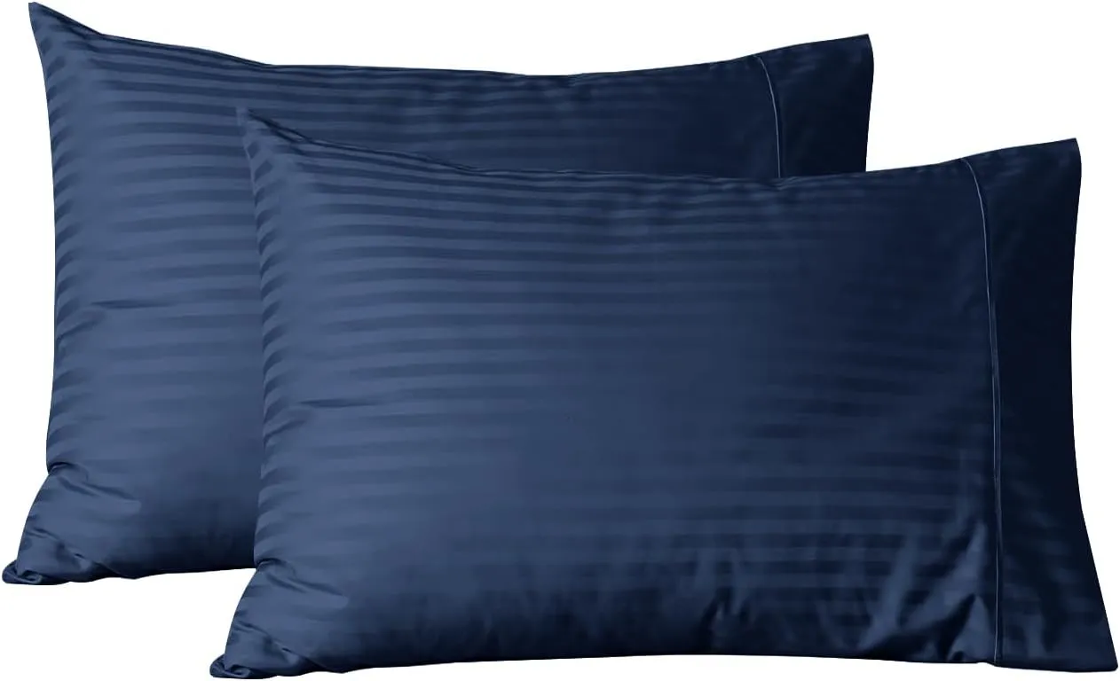 Feather & Stitch 100% Cotton Standard Pillow Covers Set of 2, 500TC Envelope Closure Pillowcases, Soft Luxury Damask Stripe Sateen Weave Pillow Case for Sleeping, 20x30 Inches - Dark Blue