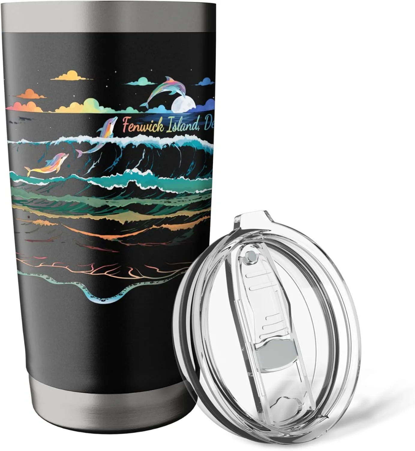 Fenwick Island Delaware Vacation Colorful Dolphin Lover Art Stainless Steel Insulated Tumbler
