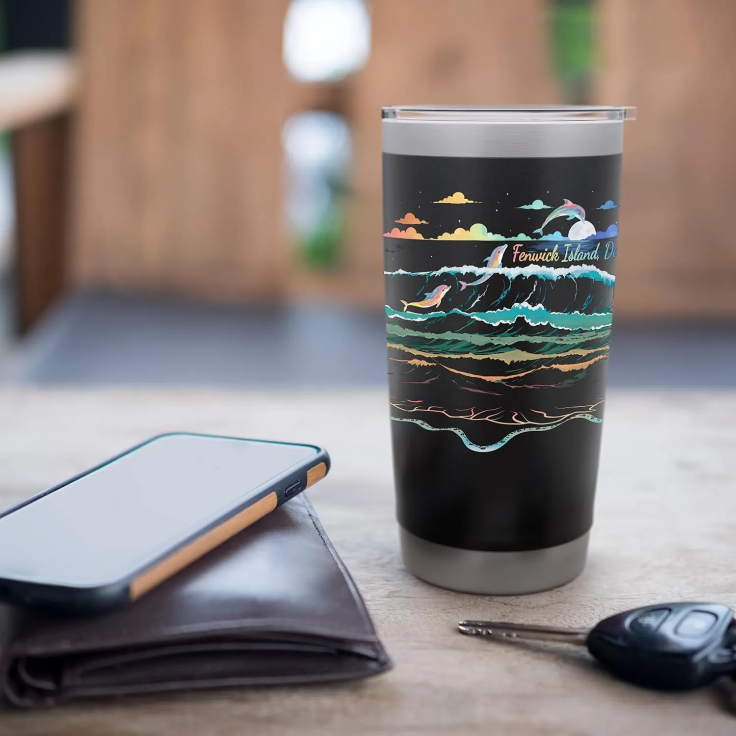 Fenwick Island Delaware Vacation Colorful Dolphin Lover Art Stainless Steel Insulated Tumbler