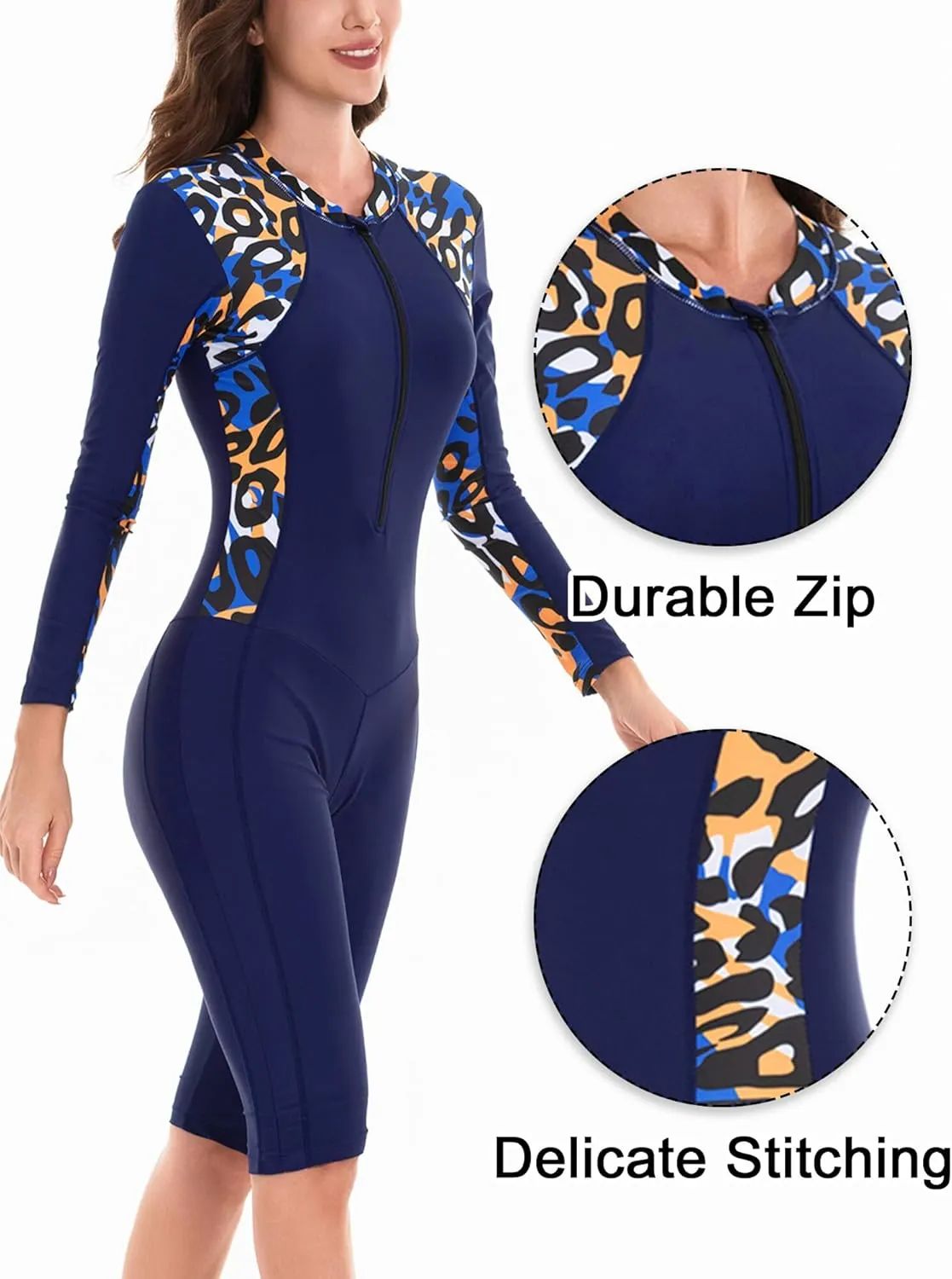 FEOYA Women's One Piece Boyleg Surfing Diving Suit Scuba Dive Skin Rash Guard One Piece Long Sleeve Zip Swimsuit