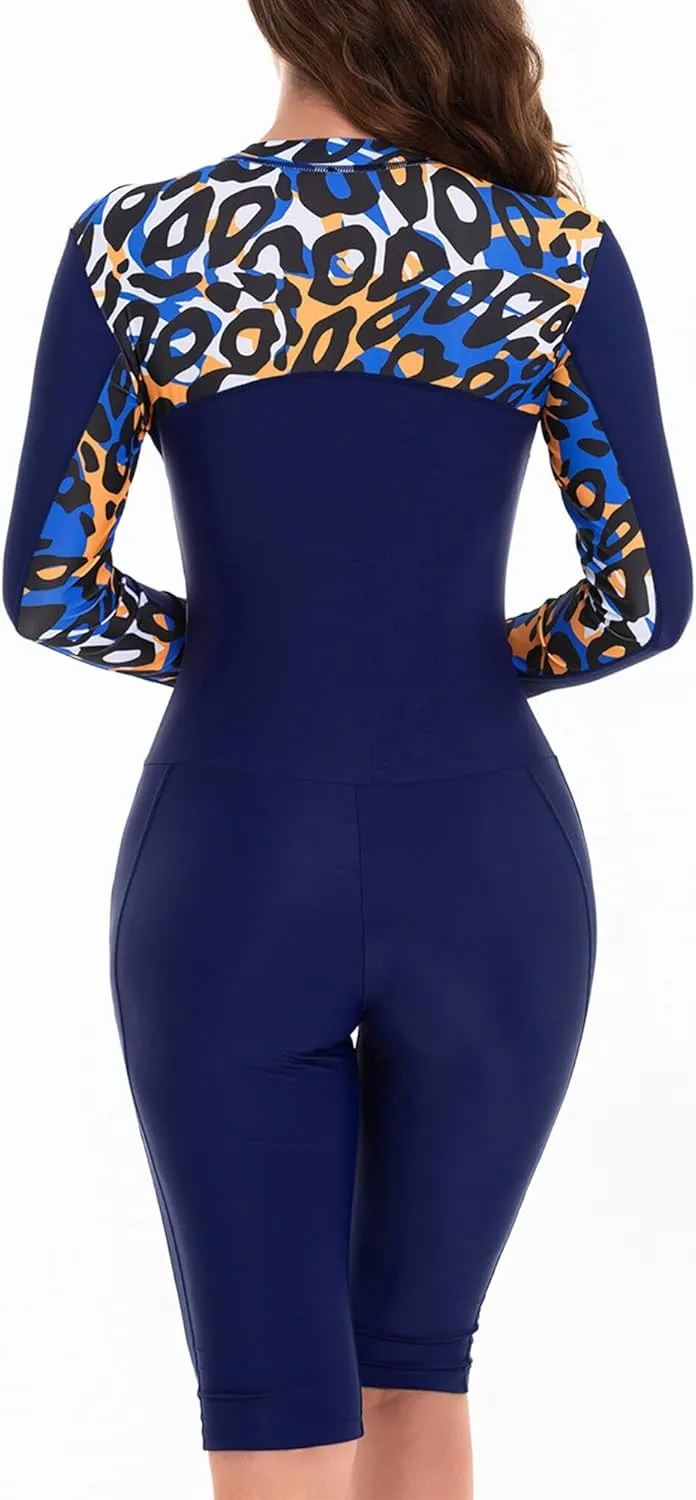 FEOYA Women's One Piece Boyleg Surfing Diving Suit Scuba Dive Skin Rash Guard One Piece Long Sleeve Zip Swimsuit