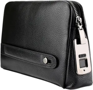 Fingerprint Lock Leather Handbag,Anti Theft Waterproof Genuine Leather Clutch Wallet Key Card Bag for Man Woman