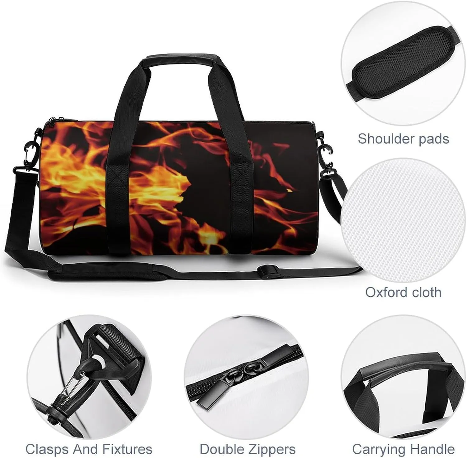 Fire Flame Black Large Capacity Cylindrical Fitness Bag, Hand-held Fitness Bag