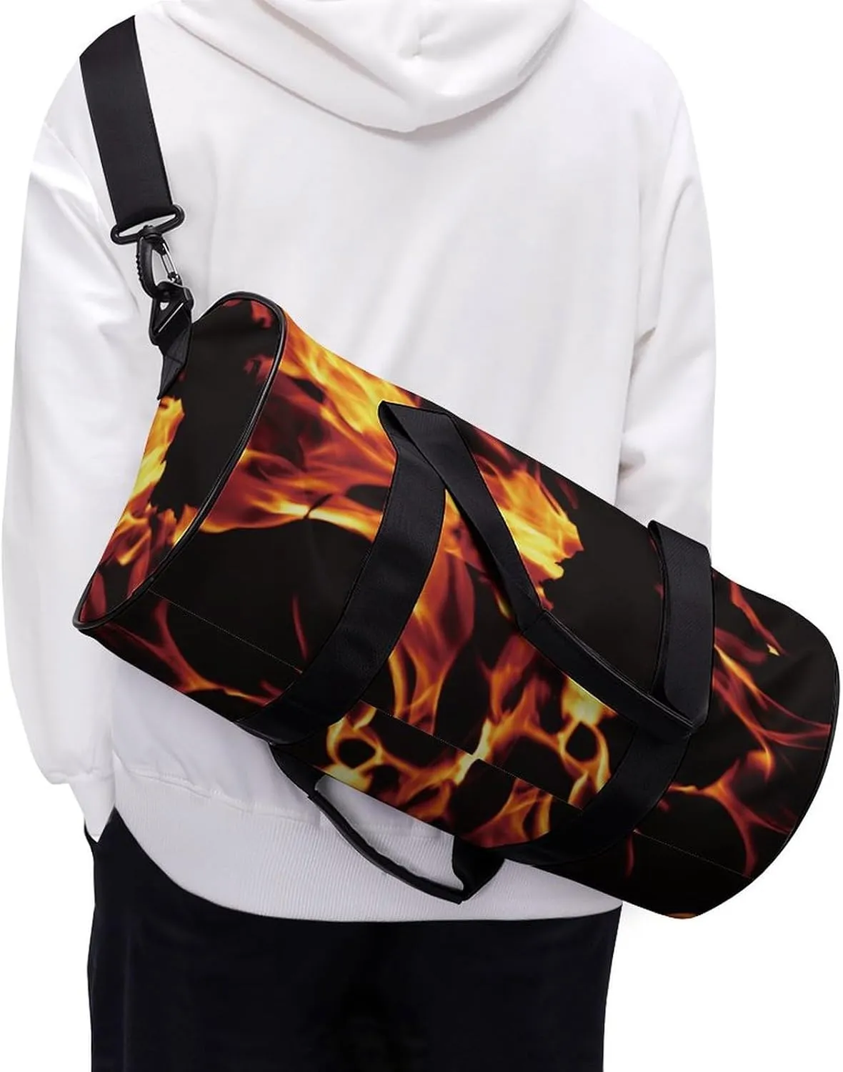 Fire Flame Black Large Capacity Cylindrical Fitness Bag, Hand-held Fitness Bag
