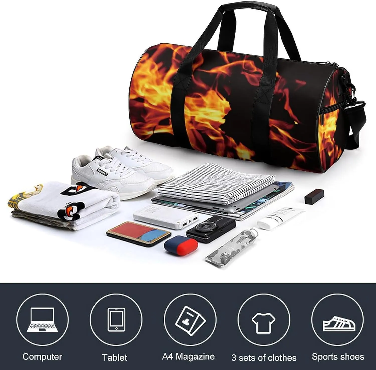 Fire Flame Black Large Capacity Cylindrical Fitness Bag, Hand-held Fitness Bag