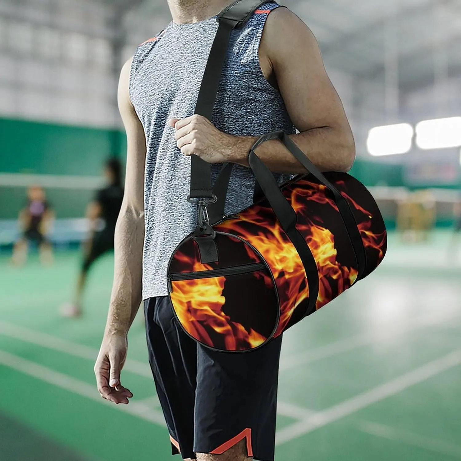 Fire Flame Black Large Capacity Cylindrical Fitness Bag, Hand-held Fitness Bag