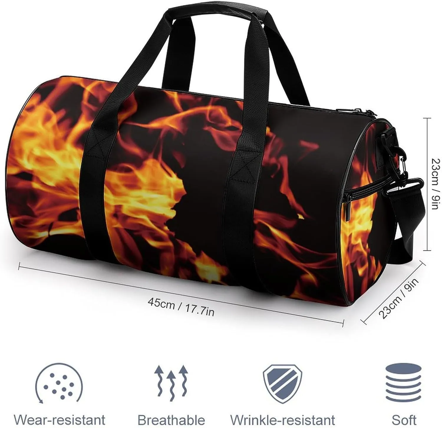 Fire Flame Black Large Capacity Cylindrical Fitness Bag, Hand-held Fitness Bag