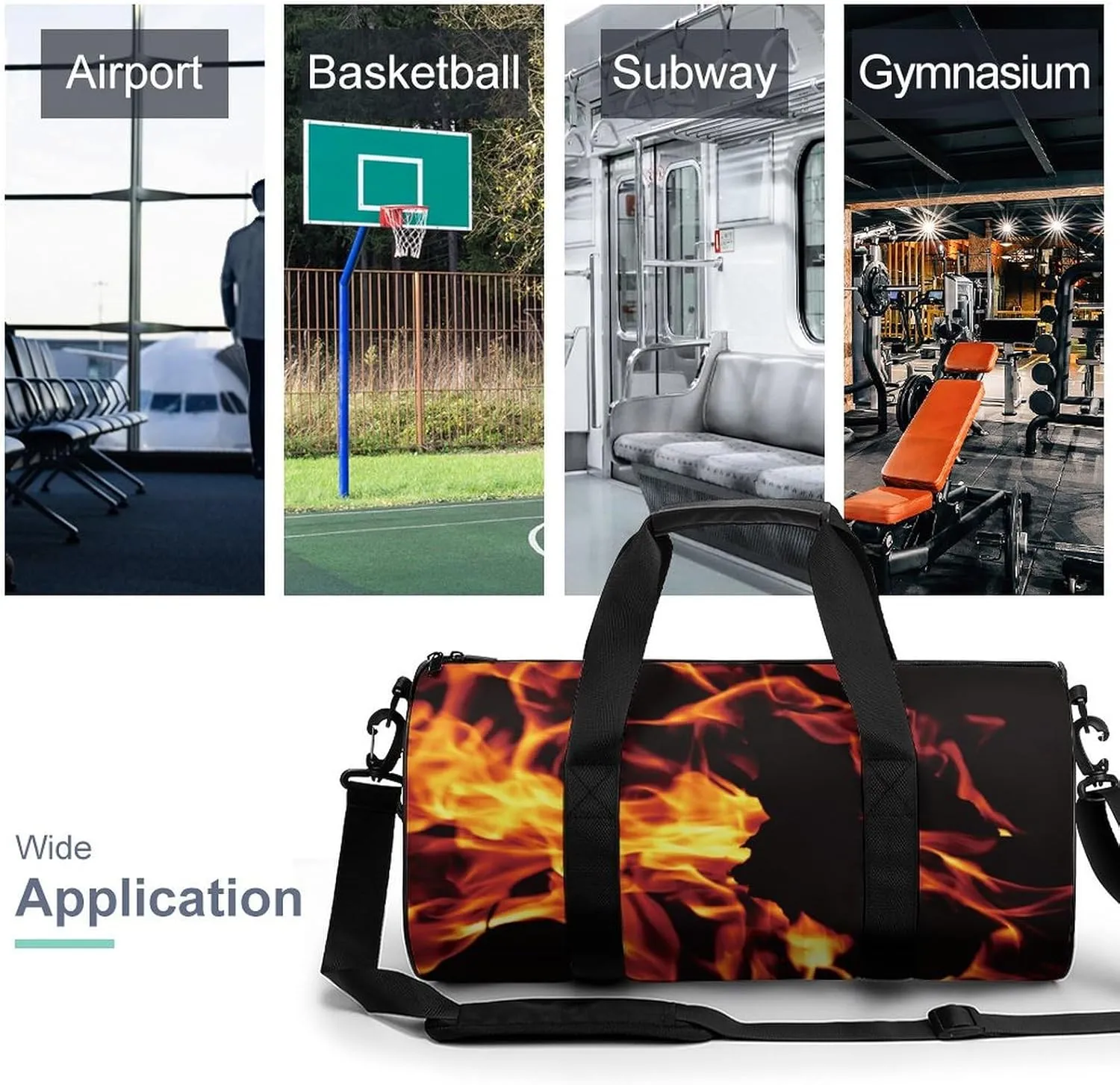 Fire Flame Black Large Capacity Cylindrical Fitness Bag, Hand-held Fitness Bag