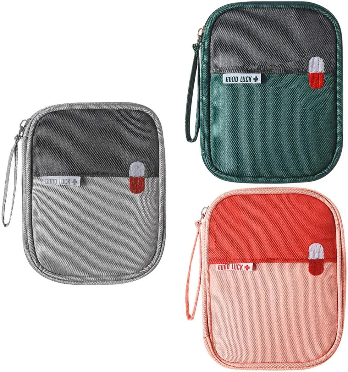 First Aid Kit Bag Empty Travel Medication Pouch Mini Zippered Oxford Medical Survival Kit Carrier Handy Medicine Pills Drugs Package Organizer with 3 Pocket 1 Main Holder-5.5x4.3x0.8Inch (3Pack-S)