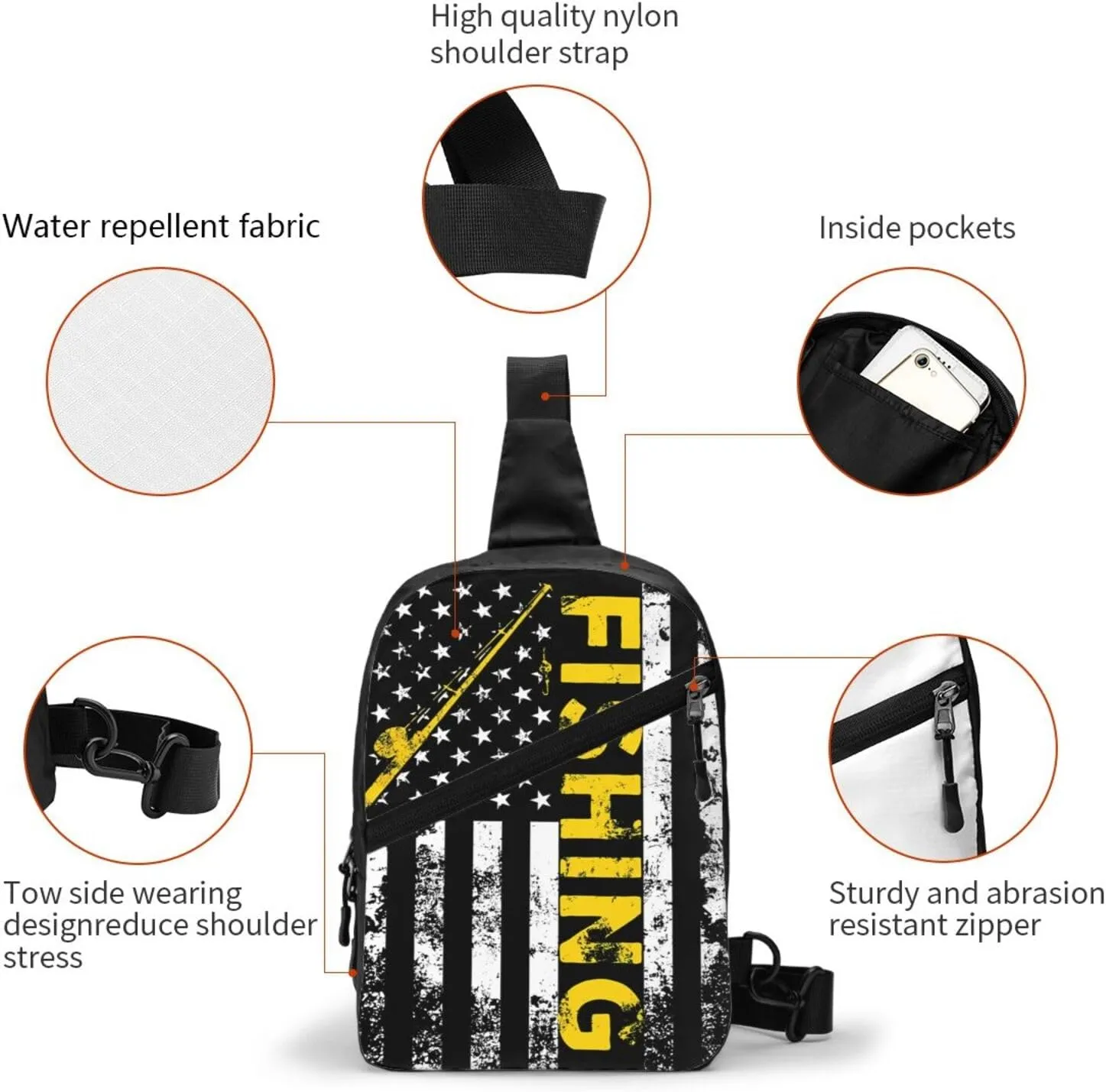 Fish American Flag Fishing Rod Portable Sling Bags Packable Crossbody Bag Foldable Sport Daypack Reusable Shoulder Backpack Diagonally Chest Bag for Workout Travel