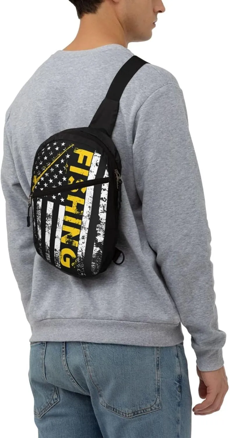 Fish American Flag Fishing Rod Portable Sling Bags Packable Crossbody Bag Foldable Sport Daypack Reusable Shoulder Backpack Diagonally Chest Bag for Workout Travel