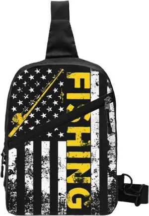 Fish American Flag Fishing Rod Portable Sling Bags Packable Crossbody Bag Foldable Sport Daypack Reusable Shoulder Backpack Diagonally Chest Bag for Workout Travel