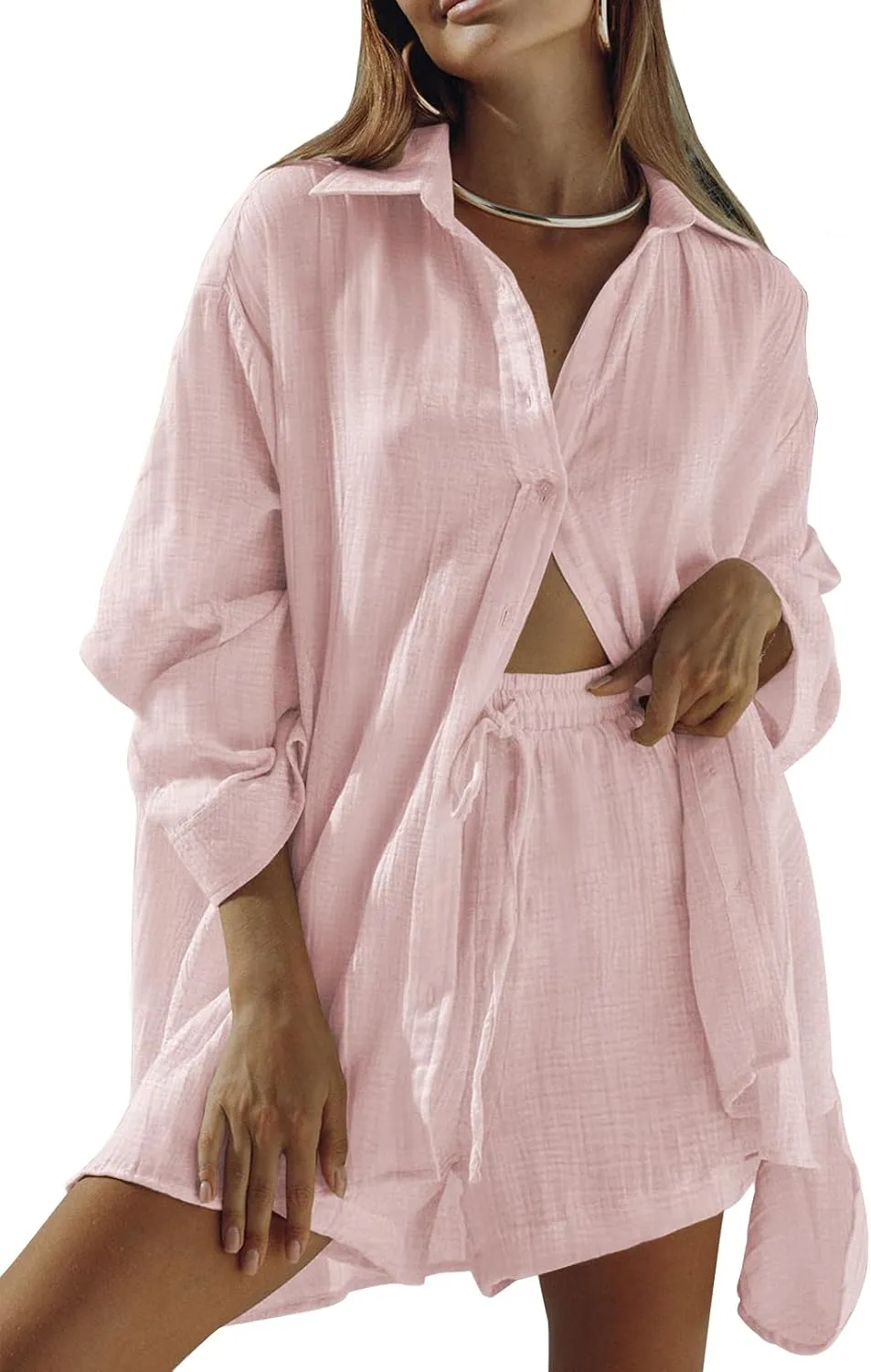 Fixmatti Women 2 Piece Outfits Long Sleeve Button Down Blouse and Shorts Sweatsuit Sets