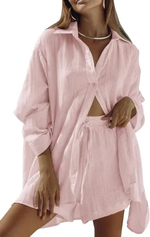 Fixmatti Women 2 Piece Outfits Long Sleeve Button Down Blouse and Shorts Sweatsuit Sets