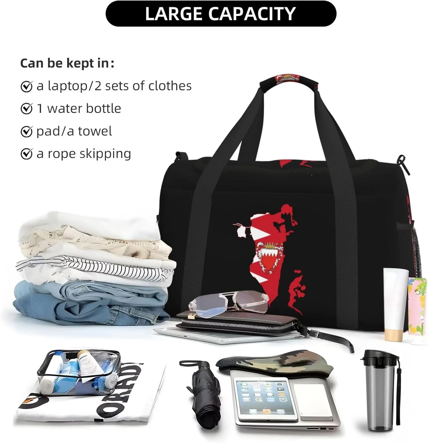 Flag Map Of Bahrain Travel Duffel Bag Large Foldable Waterproof Overnight Bag For Beach Swim Bags Pool Sports Gym