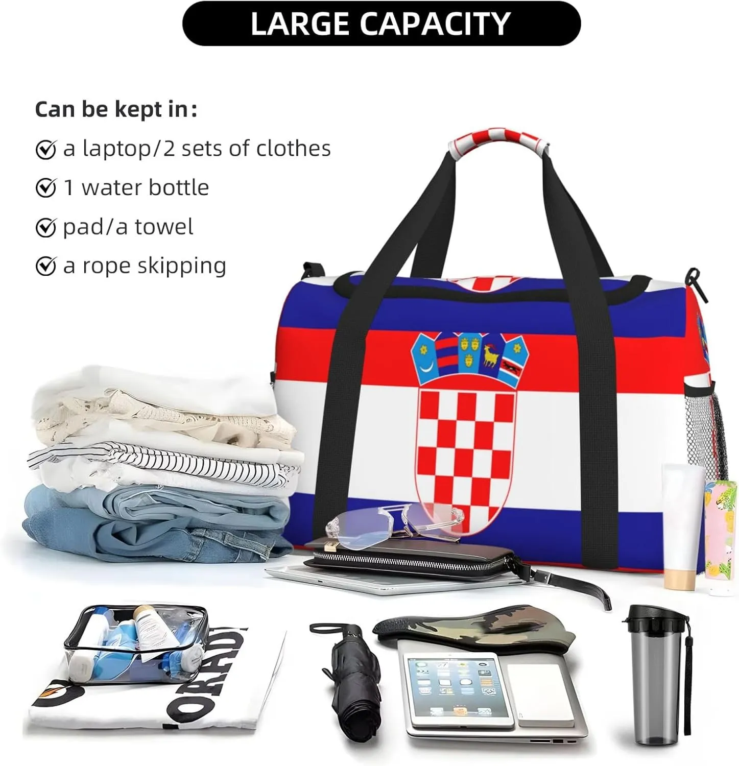 Flag Of Croatia Travel Duffel Bag Large Foldable Waterproof Overnight Bag For Beach Swim Bags Pool Sports Gym
