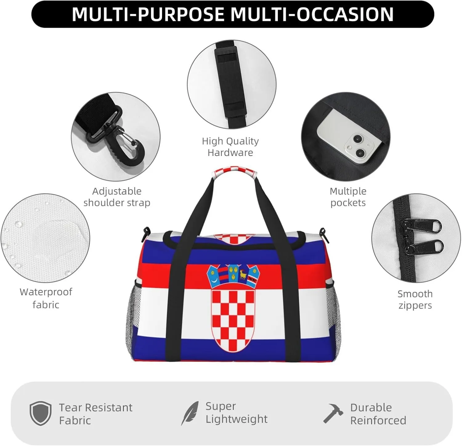 Flag Of Croatia Travel Duffel Bag Large Foldable Waterproof Overnight Bag For Beach Swim Bags Pool Sports Gym