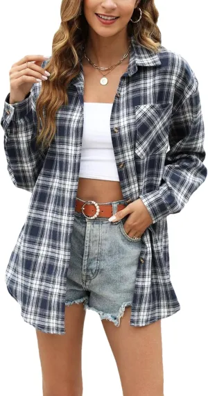 Flannel Shirts for Women Oversized Plaid Soft Flannel Button Down Shirt Blouses